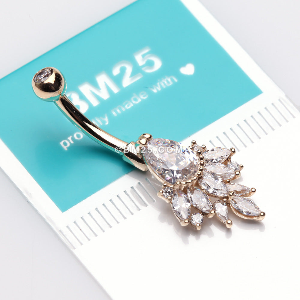 Detail View 3 of 14 Karat Gold Luscious Floral Sparkle Teardrop Belly Button Ring-Clear Gem