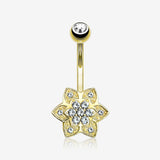 14 Karat Gold Bali Zen Flower Sparkle Belly Button Ring-Clear Gem