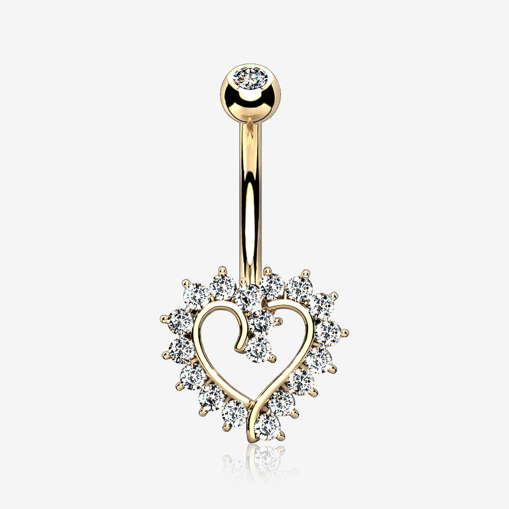14 Karat Gold Hollow Heart Floret Sparkle Belly Button Ring-Clear Gem