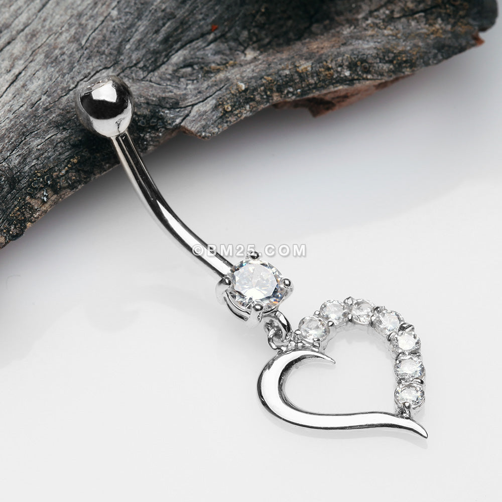 Silver Heart Dangle Belly Button Ring Sparkly Body Jewelry 