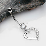 Detail View 2 of 14 Karat White Gold Journey Sparkle Heart Dangle Belly Button Ring-Clear Gem