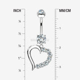 Detail View 1 of 14 Karat White Gold Journey Sparkle Heart Dangle Belly Button Ring-Clear Gem