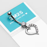 Detail View 3 of 14 Karat White Gold Journey Sparkle Heart Dangle Belly Button Ring-Clear Gem