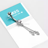 Detail View 3 of 14 Karat White Gold Double Chained Sparkle Dangle Belly Button Ring-Clear Gem