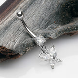 Detail View 2 of 14 Karat White Gold Grand Butterfly Marquise Sparkle Dangle Belly Button Ring-Clear Gem