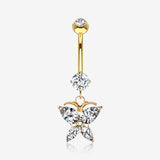 14 Karat Gold Grand Butterfly Marquise Sparkle Dangle Belly Button Ring-Clear Gem