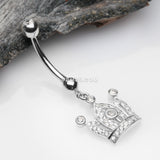 Detail View 2 of 14 Karat White Gold Majestic Crown Sparkle Dangle Belly Button Ring-Clear Gem
