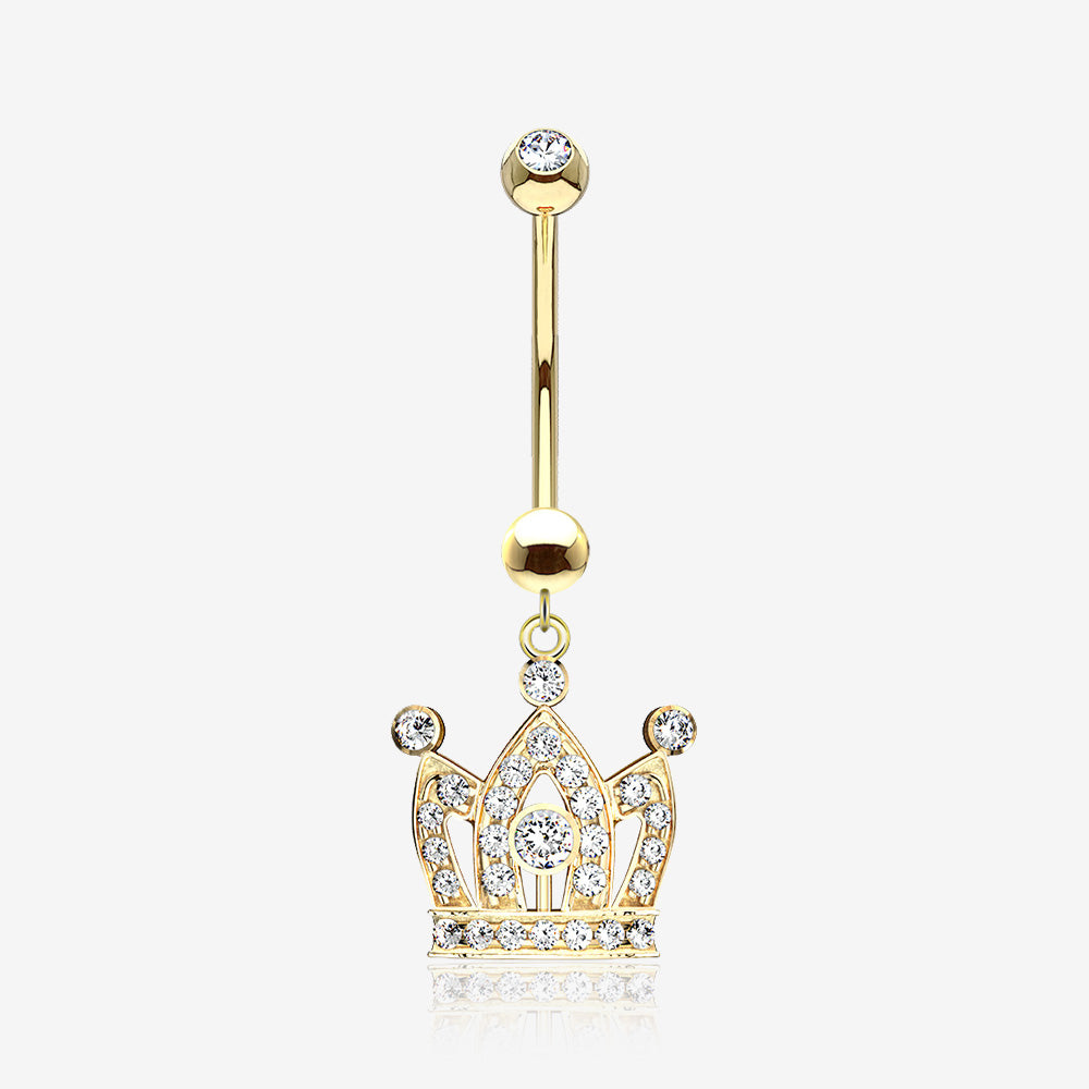 14 Karat Gold Majestic Crown Sparkle Dangle Belly Button Ring-Clear Gem