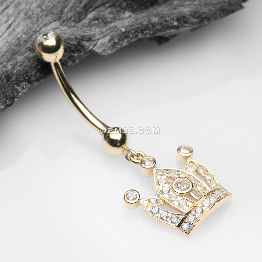 Detail View 2 of 14 Karat Gold Majestic Crown Sparkle Dangle Belly Button Ring-Clear Gem