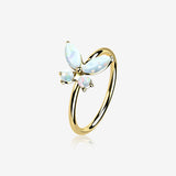 14 Karat Gold Brilliant Fire Opal Dainty Butterfly Bendable Hoop Ring-White Opal