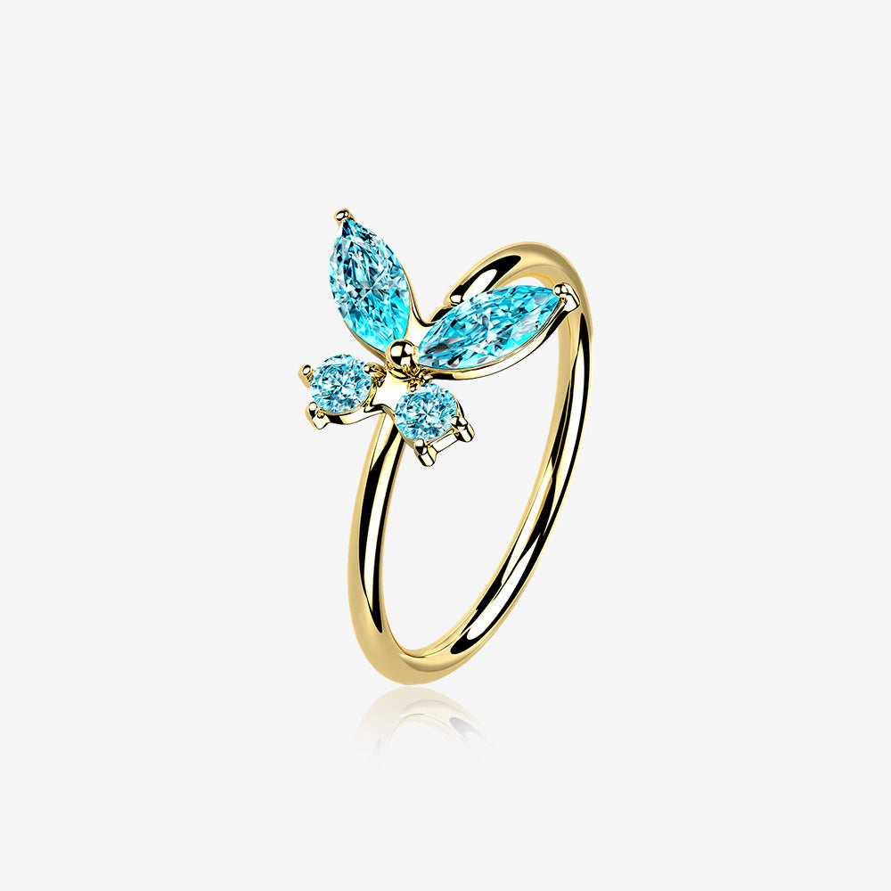14 Karat Gold Brilliant Sparkle Dainty Butterfly Bendable Hoop Ring-Aqua