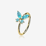 14 Karat Gold Brilliant Sparkle Dainty Butterfly Bendable Hoop Ring-Aqua