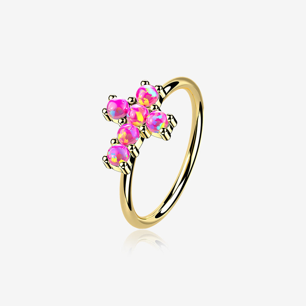 14 Karat Gold Brilliant Fire Opal Cross Bendable Hoop Ring-Pink Opal