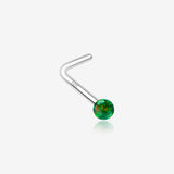14 Karat White Gold Fire Opal Ball L-Shaped Nose Ring-Green Opal