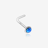 14 Karat White Gold Fire Opal Bezel Set L-Shaped Nose Ring-Blue Opal