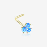 14 Karat Gold Tri Fire Opal Sparkle Prong Set L-Shaped Nose Ring-Blue Opal