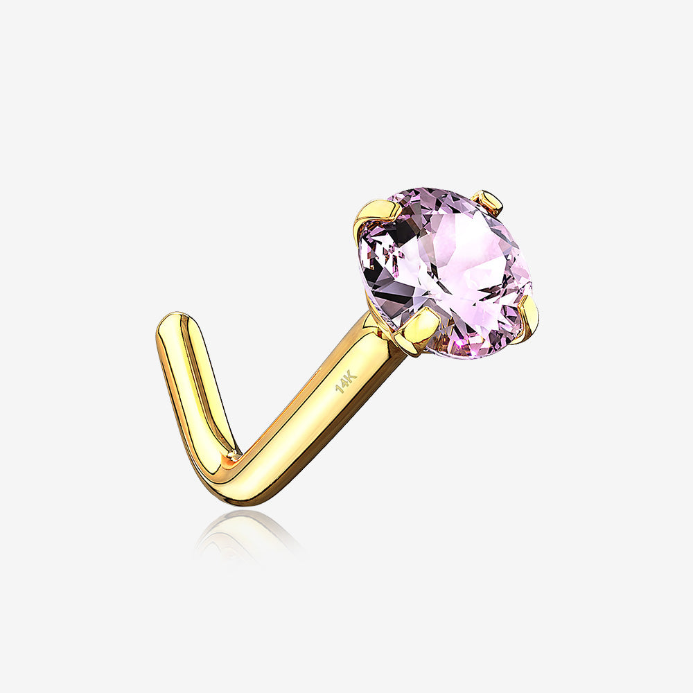 14 Karat Gold Prong Set Gem Top L-Shaped Nose Ring-Pink