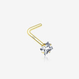 14 Karat Gold Prong Set Princess Cut Gem Top L-Shaped Nose Ring-Clear Gem