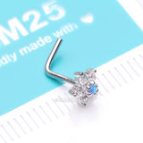 Detail View 4 of 14 Karat White Gold Fire Opal Multi-Gem Sparkle Flower Top L-Shaped Nose Ring-Blue Opal