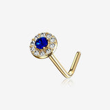 14 Karat Gold Double Tiered Brilliant Sparkle Multi Gem L-Shaped Nose Ring-Clear Gem/Blue