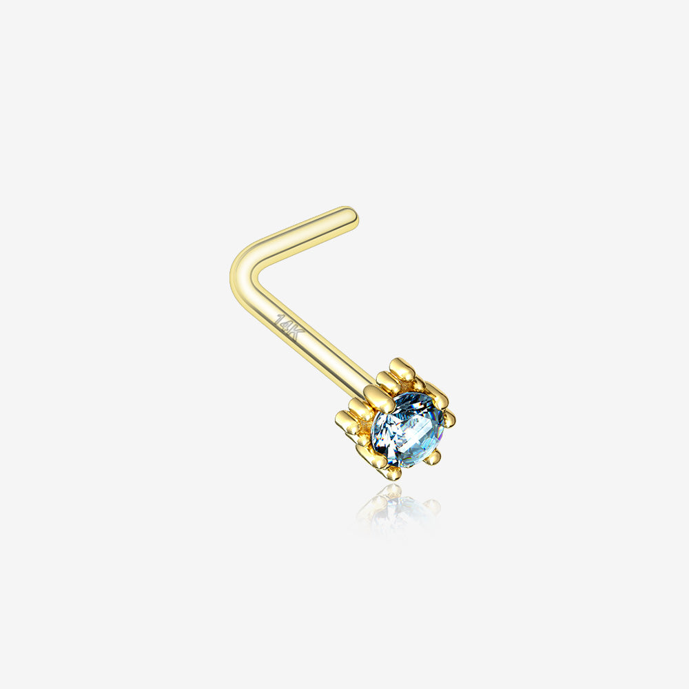 14 Karat Gold Studded Prong Gem Sparkle L-Shaped Nose Ring-Aqua