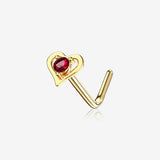 14 Karat Gold Hollow Heart Sparkle L-Shaped Nose Ring-Red