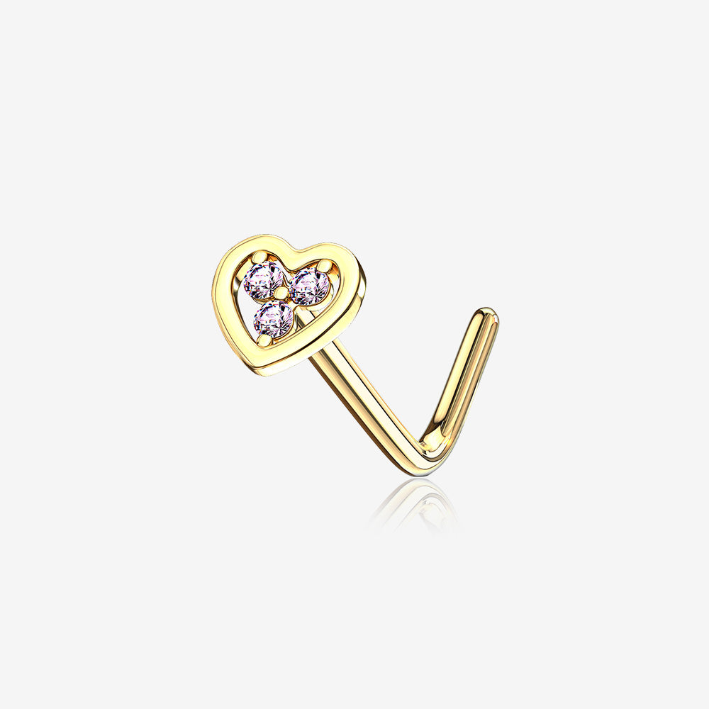 14 Karat Gold Trinity Sparkle Heart L-Shaped Nose Ring-Pink
