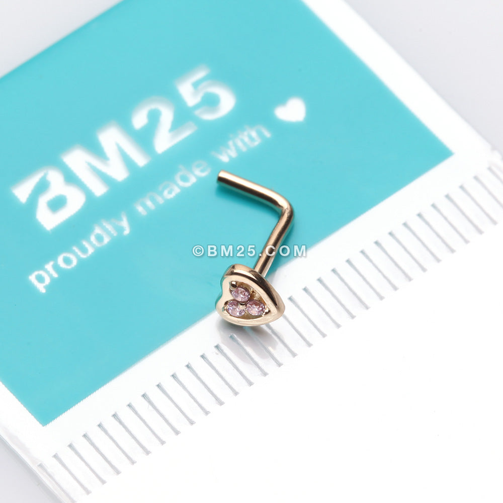 Detail View 2 of 14 Karat Gold Trinity Sparkle Heart L-Shaped Nose Ring-Pink