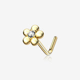 14 Karat Gold Adorable Flower Sparkle L-Shaped Nose Ring-Clear Gem