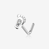 14 Karat White Gold Adorable Baby Foot Sparkle L-Shaped Nose Ring