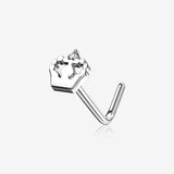 14 Karat White Gold Queen's Crown Sparkle L-Shaped Nose Ring-Clear Gem