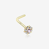 14 Karat Gold Glistening Multi-Gem Flower Sparkle L-Shaped Nose Ring-Clear Gem/Pink