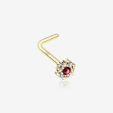 14 Karat Gold Glistening Multi-Gem Flower Sparkle L-Shaped Nose Ring-Clear Gem/Red