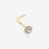 14 Karat Gold Glistening Multi-Gem Flower Sparkle L-Shaped Nose Ring-Clear Gem
