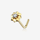14 Karat Gold Starburst Sparkle L-Shaped Nose Ring-Clear Gem