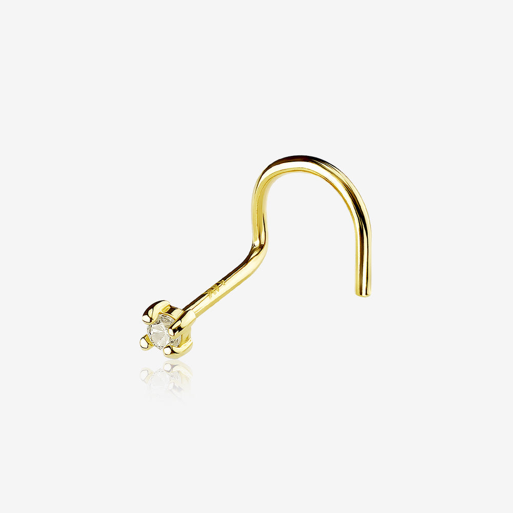 14 Karat Gold Prong Set Gem Top Nose Screw Ring-Clear Gem