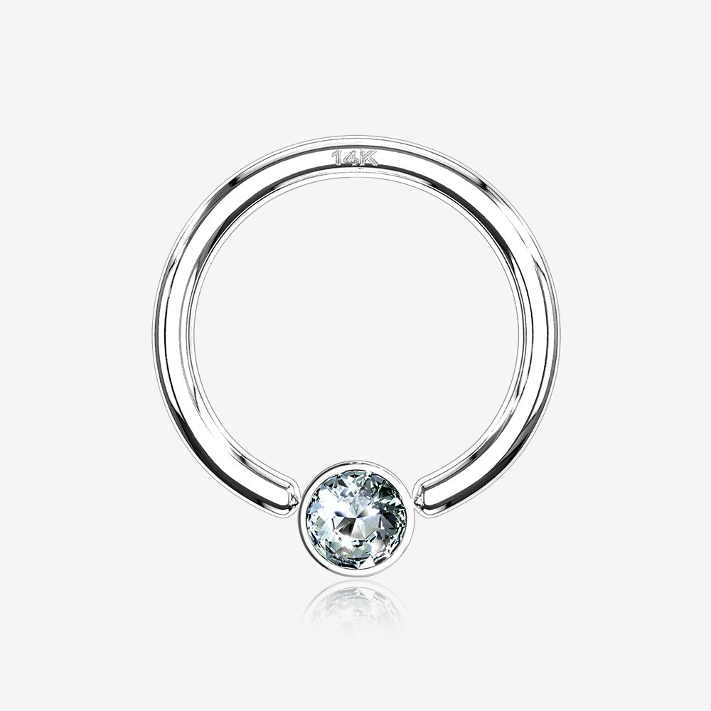 14 Karat White Gold Sparkle Gem Ball Captive Bead Ring-Clear Gem