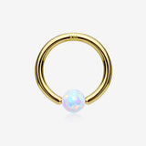 14 Karat Gold Fire Opal Ball CBR Style Bendable Hoop Ring-White Opal