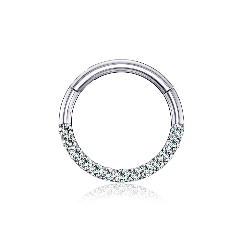 14 Karat White Gold Brilliant Sparkle Gems Front Lined Clicker Hoop Ring-Clear Gem