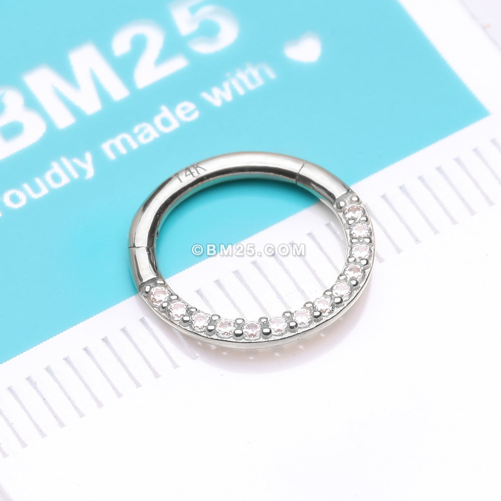 Detail View 2 of 14 Karat White Gold Brilliant Sparkle Gems Front Lined Clicker Hoop Ring-Clear Gem