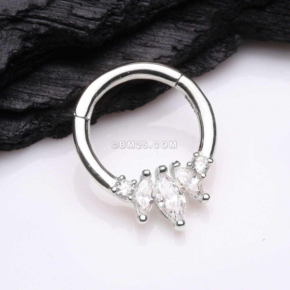 Detail View 1 of 14 Karat White Gold Marquise Floral Sparkle Clicker Hoop Ring-Clear Gem