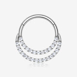 14 Karat White Gold Brilliant Sparkle Double Loop Lined Gems Seamless Clicker Hoop Ring