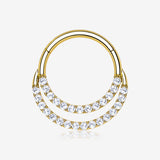 14 Karat Gold Brilliant Sparkle Double Loop Lined Gems Seamless Clicker Hoop Ring-Clear Gem
