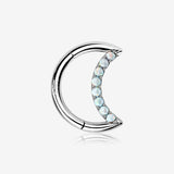 14 Karat White Gold Fire Opal Sparkle Lined Crescent Moon Seamless Clicker Hoop Ring-White Opal