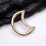 Detail View 1 of 14 Karat Gold Fire Opal Sparkle Lined Crescent Moon Seamless Clicker Hoop Ring-White Opal