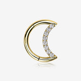 14 Karat Gold Brilliant Sparkle Gem Lined Crescent Moon Seamless Clicker Hoop Ring