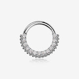 14 Karat White Gold Royal Bali Beads Arc Sparkle Seamless Clicker Hoop Ring-Clear Gem