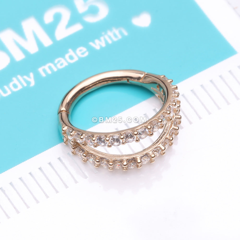 Detail View 2 of 14 Karat Gold Brilliant Sparkle Double Hoop Seamless Clicker Hoop Ring-Clear Gem