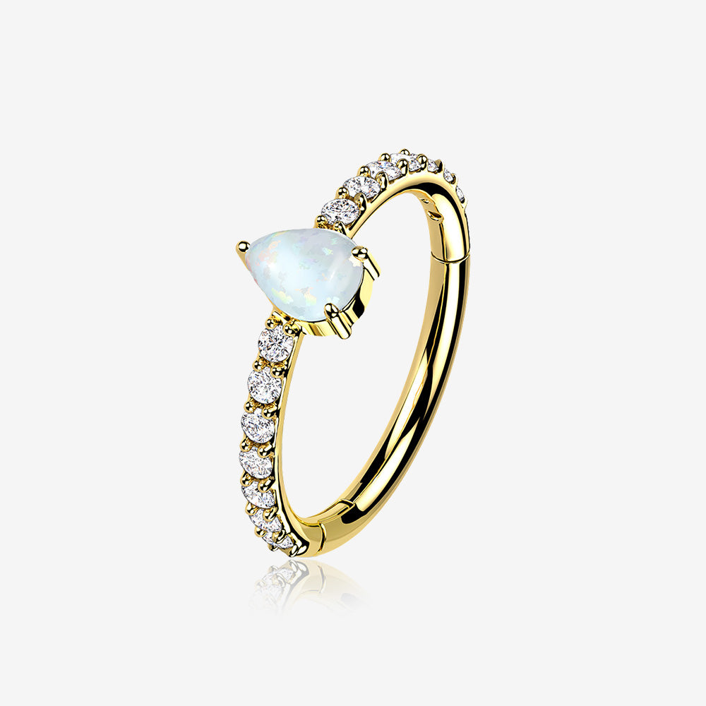 14 Karat Gold Teardrop Fire Opal Multi-Gem Seamless Clicker Hoop Ring-White Opal