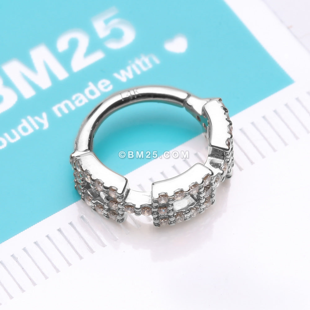 Detail View 2 of 14 Karat White Gold Square Chain Link Sparkle Design Seamless Clicker Hoop Ring-Clear Gem